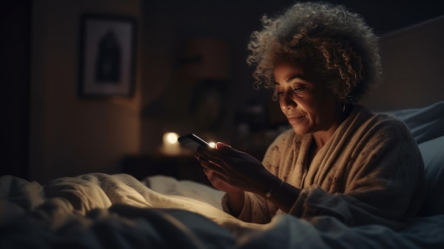 Een vrouw zit in bed en kijkt naar haar telefoon en glimlacht naar de camera.