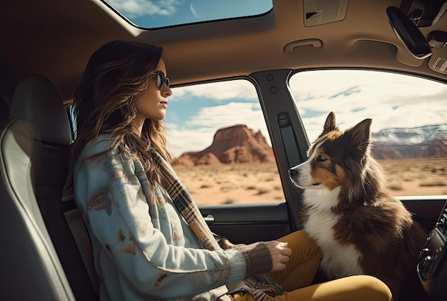 een vrouw zit in de auto met een hond aan de zijkanten in de stijl van zwaartekracht tartende landschappen
