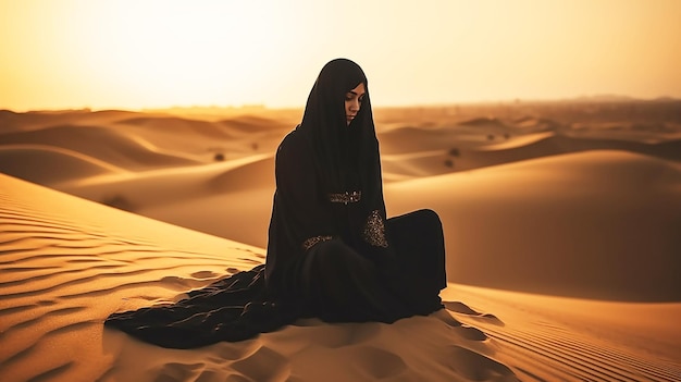 Een vrouw zit in de woestijn met de ondergaande zon achter haar.