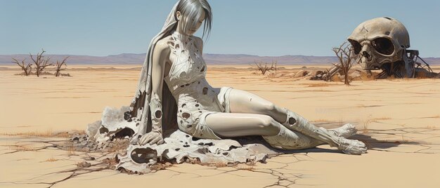 Een vrouw zit in de woestijn met haar haar in de wind.