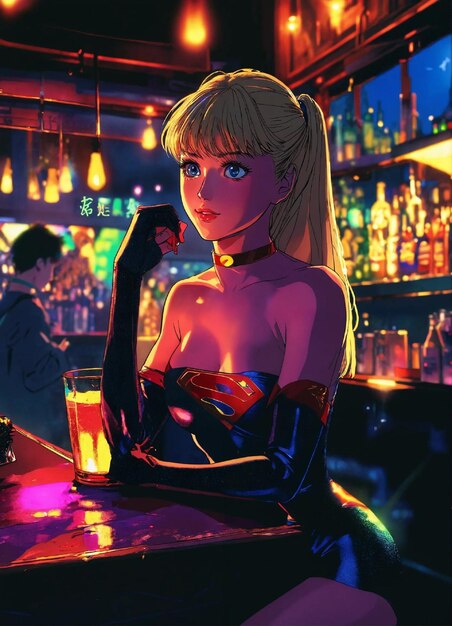 een vrouw zit in een bar met een glas bier in haar hand
