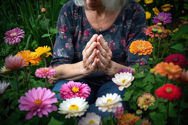 Een vrouw zit in een bloemenveld met haar Generative Ai