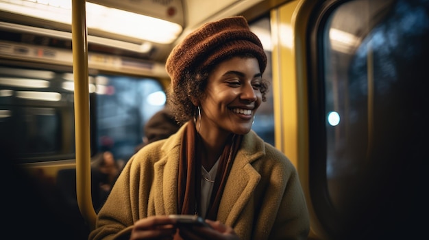 Een vrouw zit in een bus en glimlacht naar de camera.