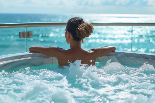 Een vrouw zit in een hot tub bij de oceaan.