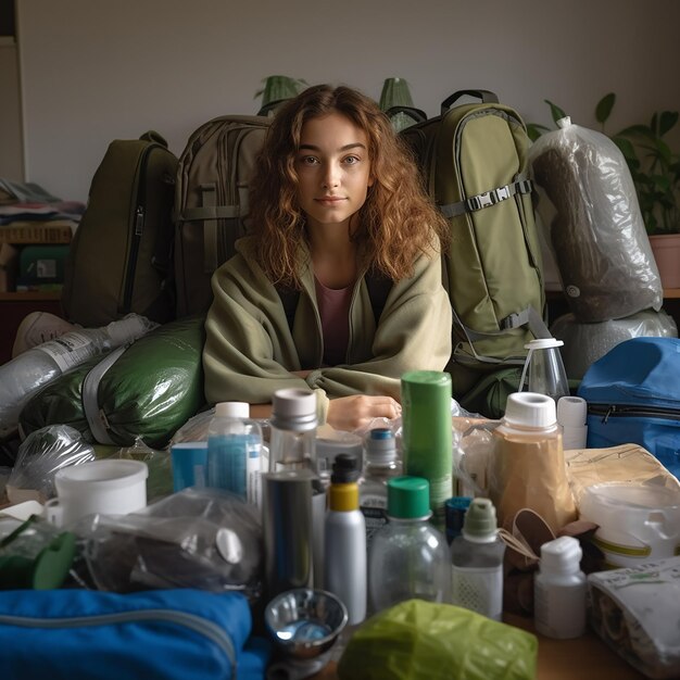 Een vrouw zit in een kamer vol spullen, waaronder een groene tas met een blauwe tas erop.