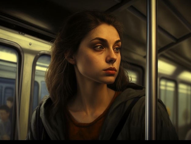 Een vrouw zit in een metro en kijkt uit het raam.