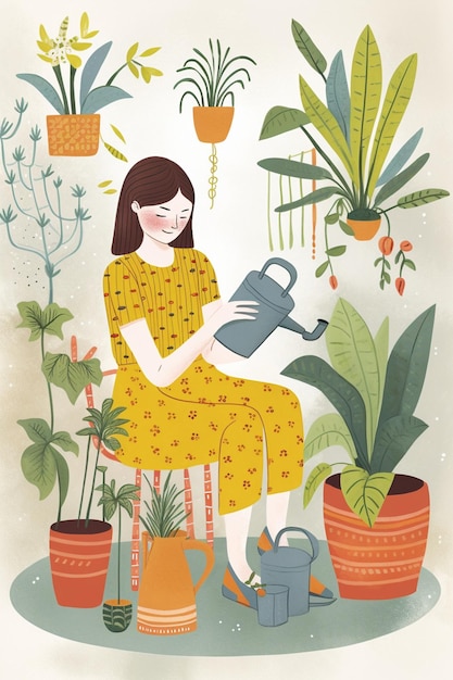 Een vrouw zit in een pot met een plant erop.