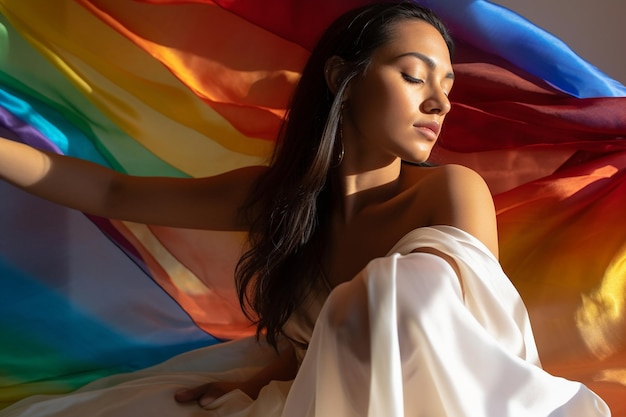 Een vrouw zit in een regenbooghangmat met haar ogen dicht en haar ogen dicht.