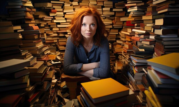 Foto een vrouw zit in een stapel boeken