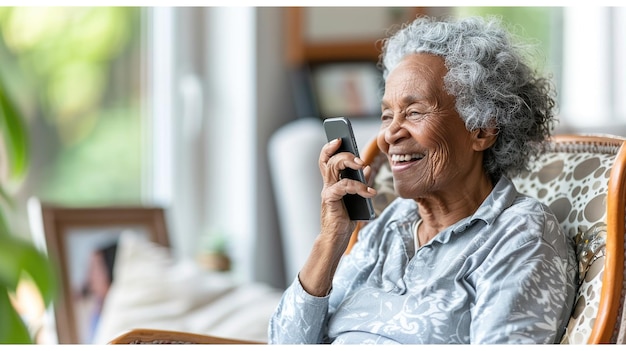 Een vrouw zit in een stoel en glimlacht terwijl ze aan haar mobiele telefoon praat