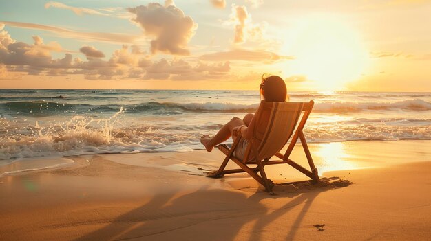 Foto een vrouw zit in een strandstoel en kijkt naar de zonsondergang de golven breken aan de kust en de zon gaat onder over de horizon