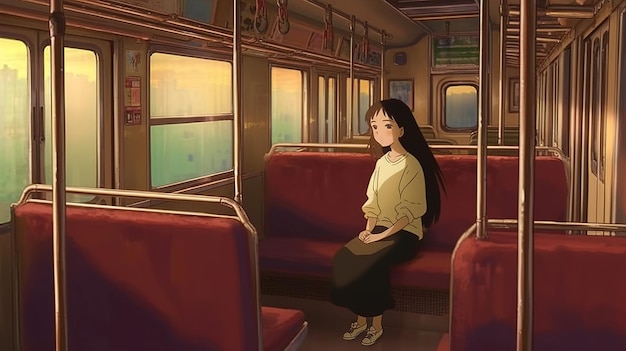 een vrouw zit in een trein met een geel shirt aan