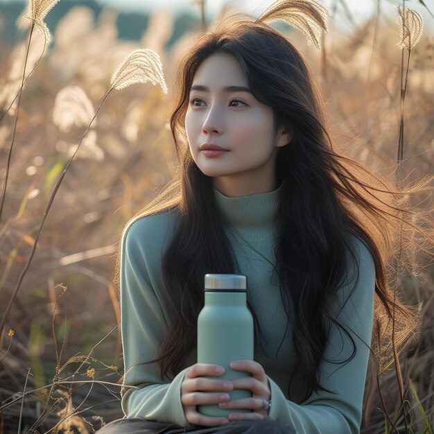 Een vrouw zit in een veld met een fles water in haar hand en kijkt naar de camera met een