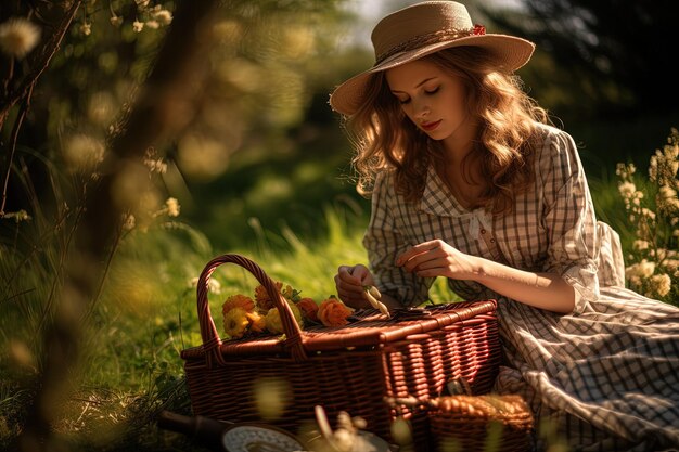 Een vrouw zit in een veld met een fruitmand