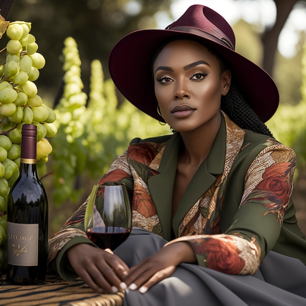 Een vrouw zit in een wijngaard met naast haar een fles wijn.