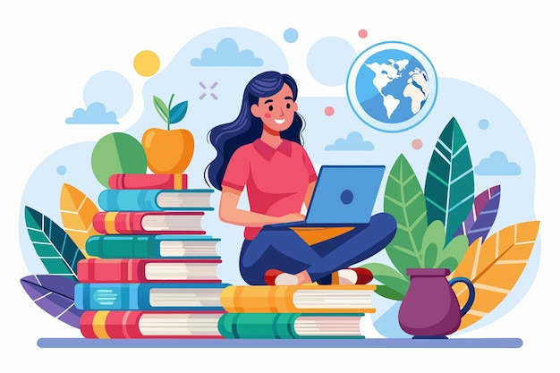 Een vrouw zit met een laptop open voor een stapel boeken een vrouw zit voor een laptop met boeken over online leren Eenvoudige en minimalistische platte Vector Illustratio