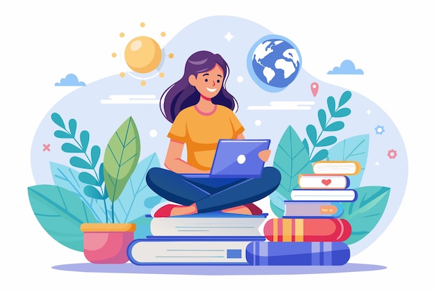 Een vrouw zit met een laptop open voor een stapel boeken een vrouw zit voor een laptop met boeken over online leren Eenvoudige en minimalistische platte Vector Illustratio