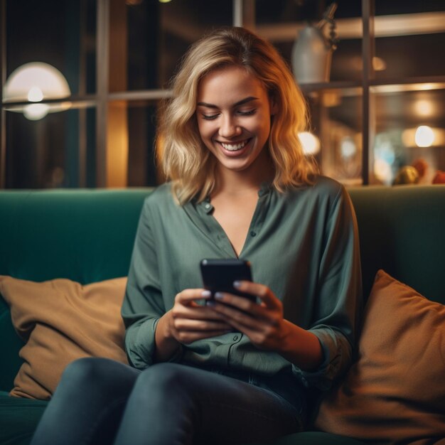 een vrouw zit op een bank en kijkt naar haar telefoon