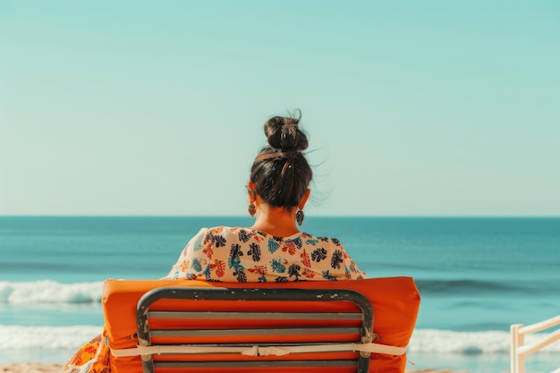 Een vrouw zit op een bank en staart naar de uitgestrekte oceaan, verdwaald in gedachten.
