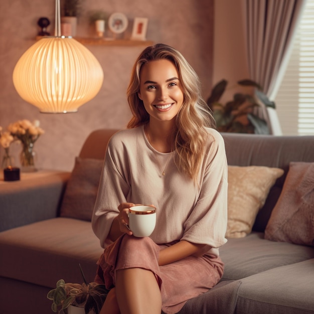 Een vrouw zit op een bank met een kop koffie.