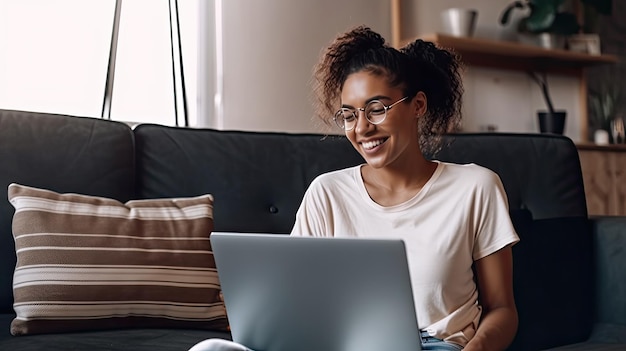 Een vrouw zit op een bank met een laptop voor zich.