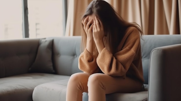 Een vrouw zit op een bank met haar hoofd in haar handen