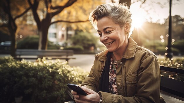 Een vrouw zit op een bankje en kijkt op haar telefoon.