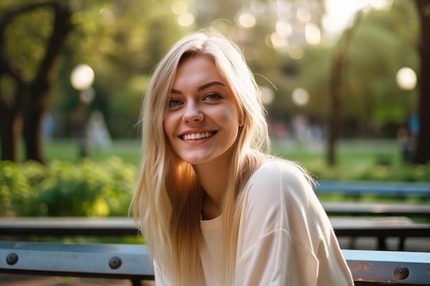 Een vrouw zit op een bankje in een park en glimlacht.