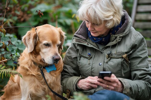 Een vrouw zit op een bankje met haar hond.