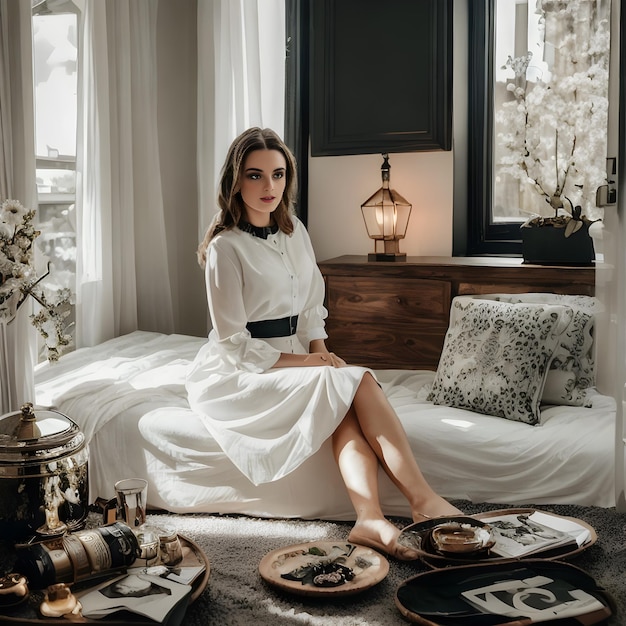 Een vrouw zit op een bed in een kamer met een tafel met borden en een lamp.