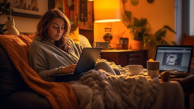 Een vrouw zit op een bed in een slaapkamer en gebruikt een laptop.