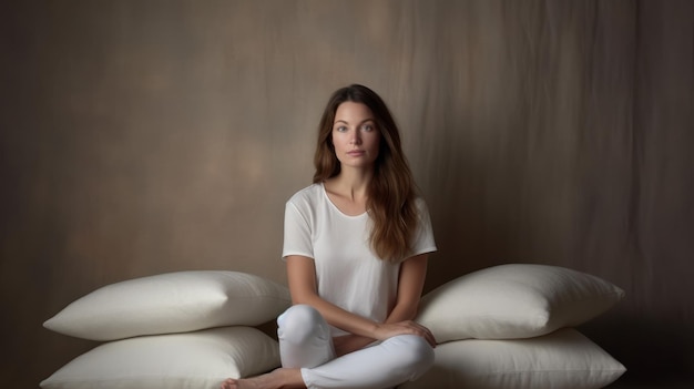 Een vrouw zit op een bed met kussens op het bed.