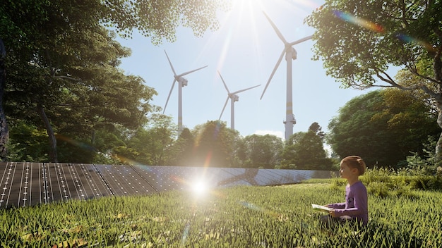 Een vrouw zit op een grasveld voor windturbines