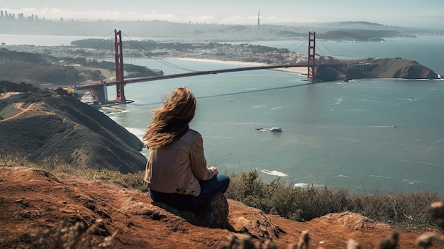 Een vrouw zit op een klif met uitzicht op de Golden Gate Bridge.