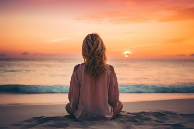 Een vrouw zit op een pastelkleurig strand bij zonsondergang