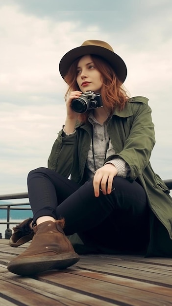 een vrouw zit op een reling met een camera en een hoed op haar hoofd