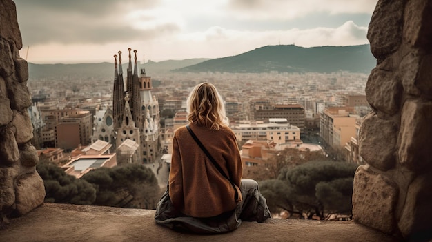 Een vrouw zit op een richel met uitzicht op een stadsgezicht en de stad Barcelona.