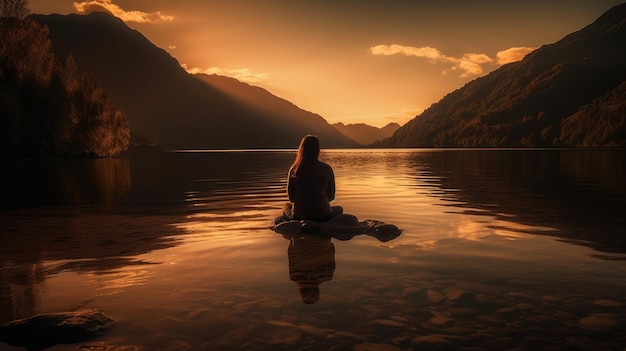 Een vrouw zit op een rots aan een meer voor een berg bij zonsondergang