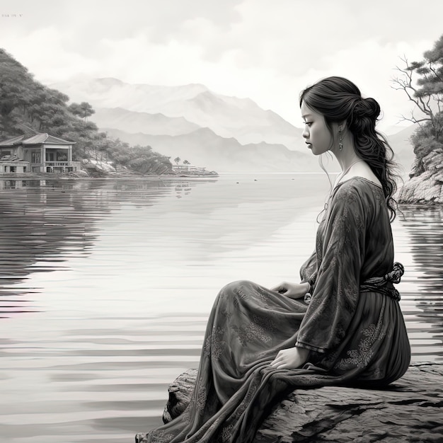 een vrouw zit op een rots bij een meer met bergen op de achtergrond