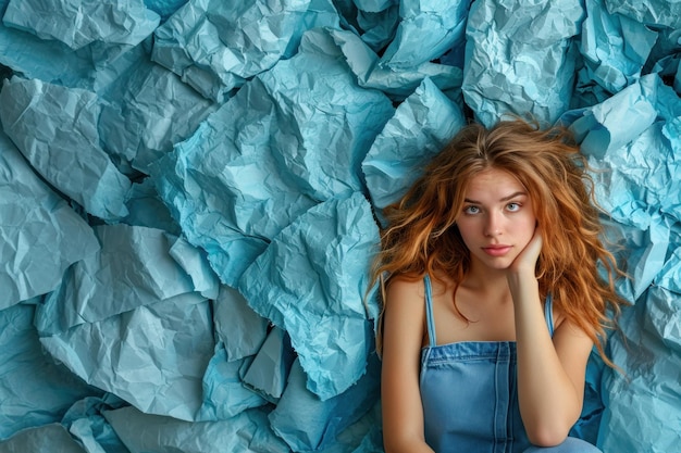 Een vrouw zit op een stapel gerimpeld papier met haar hoofd in het midden.