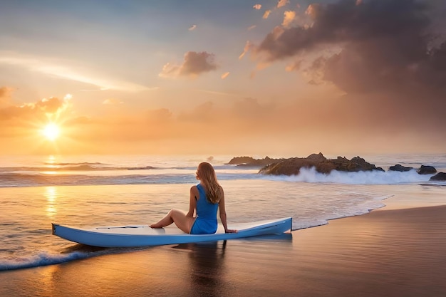 Een vrouw zit op een surfplank op een strand en kijkt naar de zonsondergang.