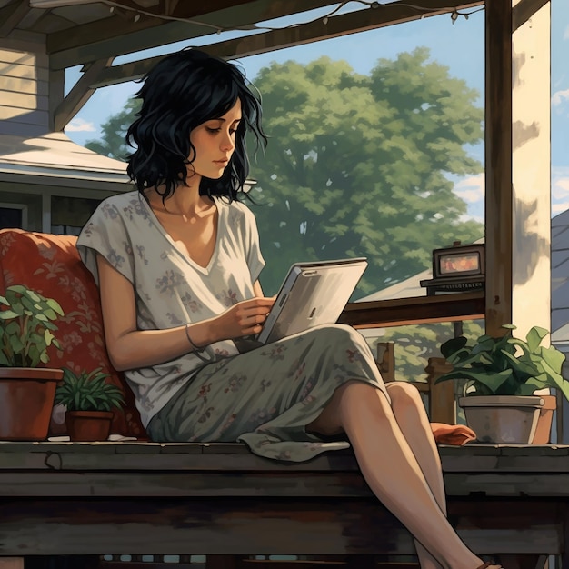Een vrouw zit op een veranda en leest een boek.