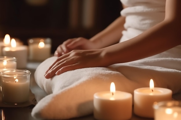 Een vrouw zit op een yogamat met kaarsen op tafel en een vrouwenhand op haar schoot.