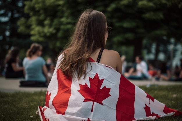 Een vrouw zit op het gras, gewikkeld in een Canadese vlag