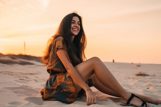 Een vrouw zit op het strand in een jurk die zegt 'ik ben een strandliefhebber'