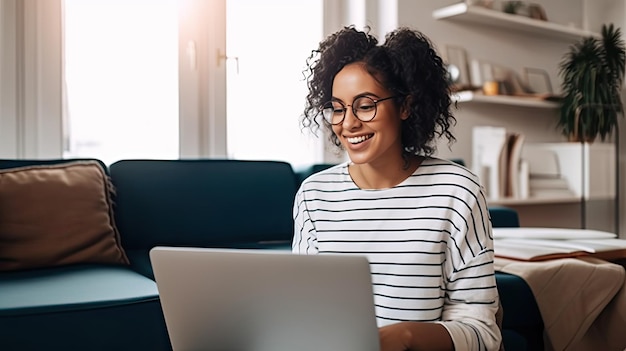 Een vrouw zit voor een bank en glimlacht naar een laptop.