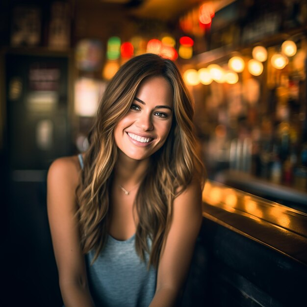 een vrouw zit voor een bar met een bord achter haar.