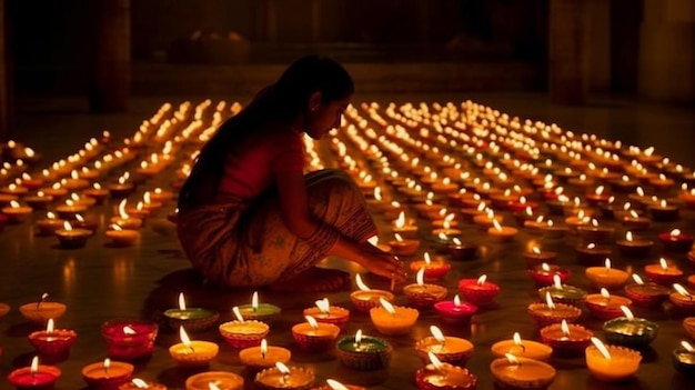 Een vrouw zit voor een brandende kaars met het woord diwali erop.