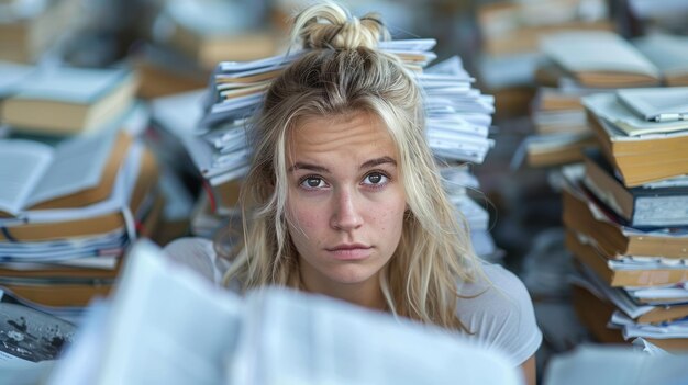 Een vrouw zit voor een grote stapel boeken.