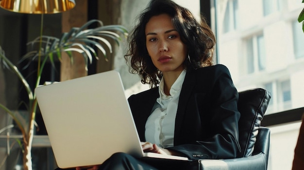 een vrouw zit voor een laptop met een wit scherm